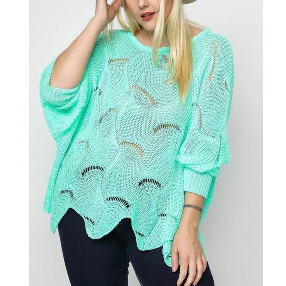 Plus Boho Mint Crochet Knit Kimono Tunic Sweater - Picture 3 of 5